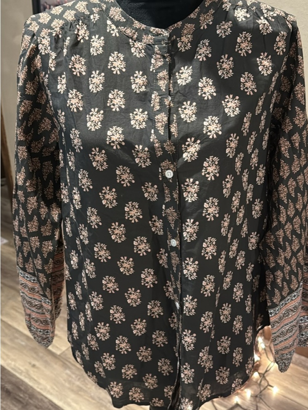 Lucky Brand Black Shirt with Beige Floral Print and Patterned Cuffs